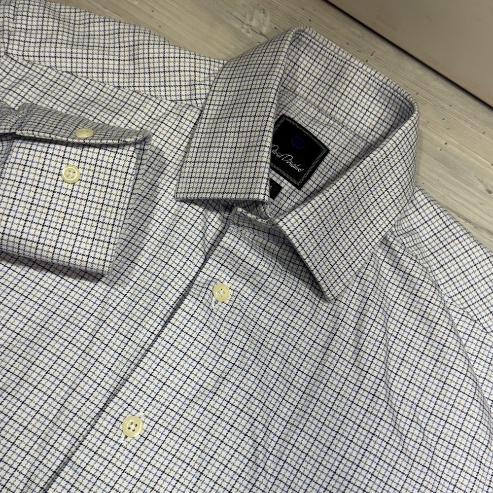 David Donahue Shirt Mens 15.5 34/35 Blue Check Spread Trim Long Sleeve Work